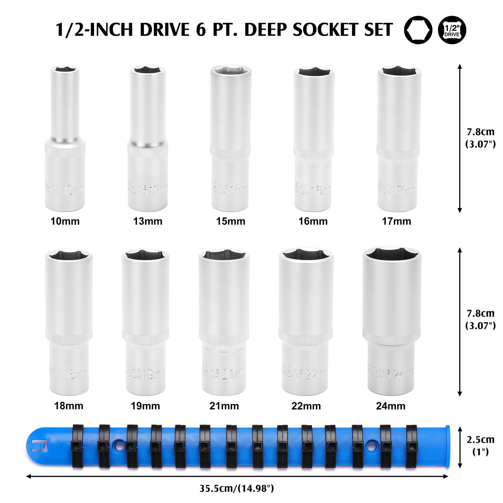 MIXPOWER 10 Pieces 1/2-Inch Drive Deep Impact Socket Set, 6-Point,10-24mm,CR-V, 1/2-Inch, 10-24mm - Image 4