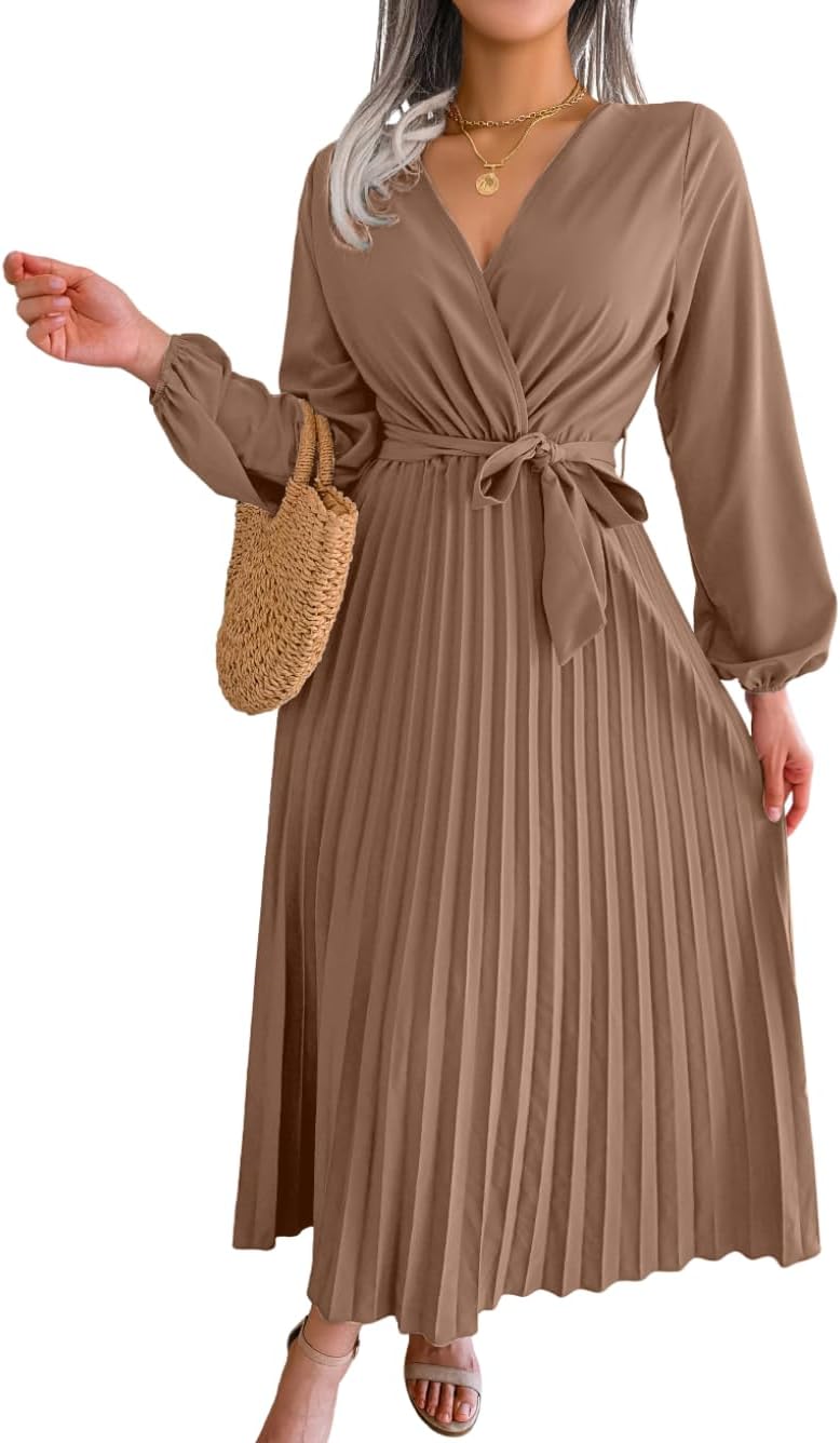 Women's Pleated Maxi Wrap Dress, Modest V-Neck Puff Sleeve Flowy Dresses for Business Casual Church Vacation