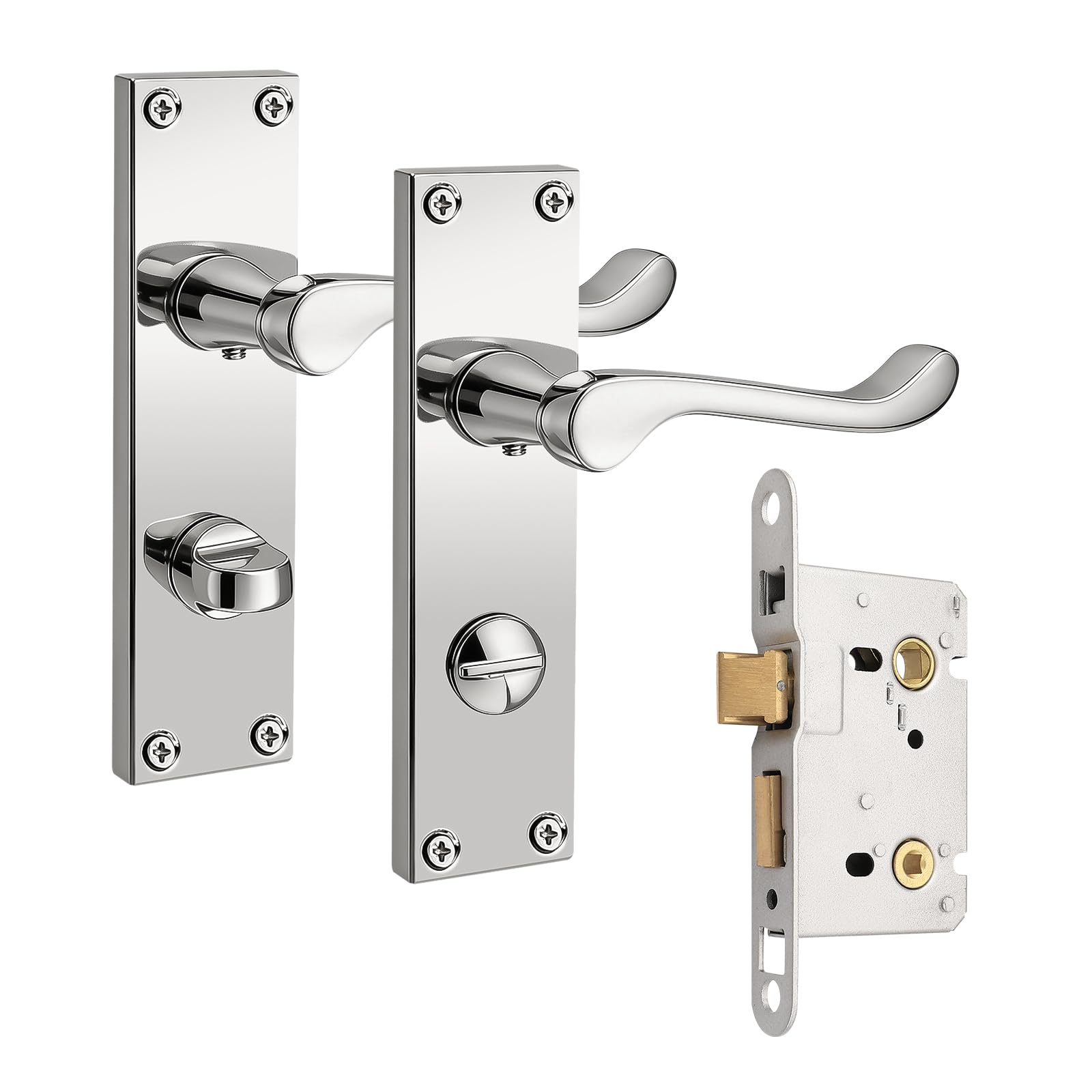 Pinlin Bathroom Polished Chrome Door Handles, Elegant Door Handle Set, Victorian Scroll Door Lever with 45mm Sashlock Latch, Ideal for Internal Wooden Bathroom and Toilet Doors