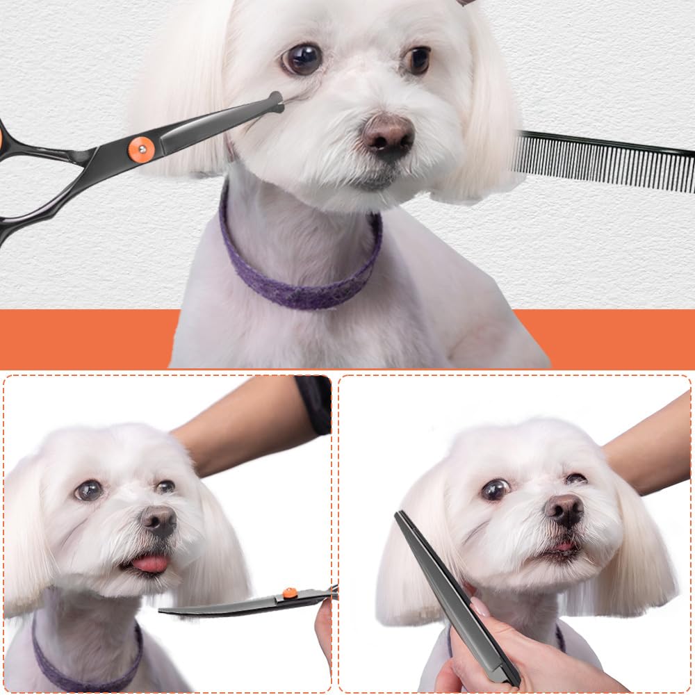 Kit de Ciseaux de Toilettage 6 en 1 pour Chiens,en Acier Inoxydable,Coupe de Poils de Chat,Ciseaux Amincissants,Ciseaux Incurvés avec Peigne de Toilettage et Sac de Rangement pour Chiens et Chats
