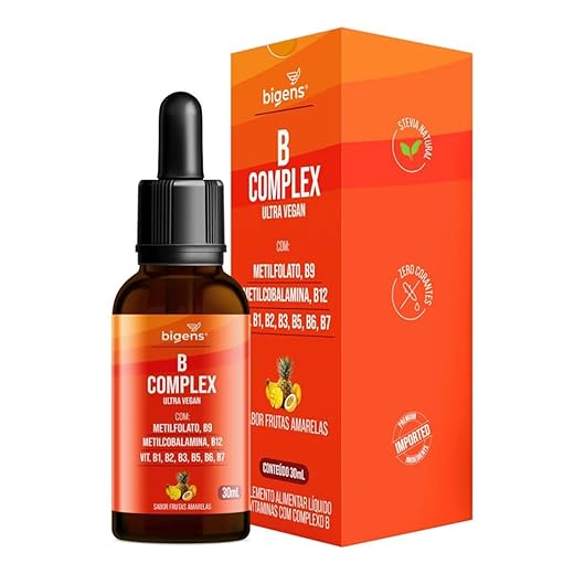 B Complex Ultra Vegan, Vitaminas do Complexo B em Gotas Sublingual, Sabor Frutas Amarelas, 30ml, Bigens