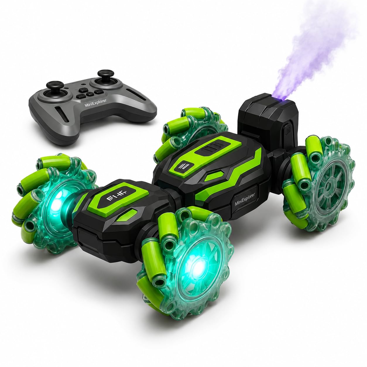 MiniExplorer 2.4GHz 4x4 Gesture Sensor RC Smoke Stunt Car | Hand Gesture Control Double Sided 360° Spinning Drift Car with Spray Mist, Lights & Music | High Speed Off Road Remote Control Toy for Boys