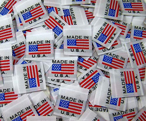 100 pcs White Woven Sewing Garment Clothing Label Tags - American Flag Made in U.S.A.