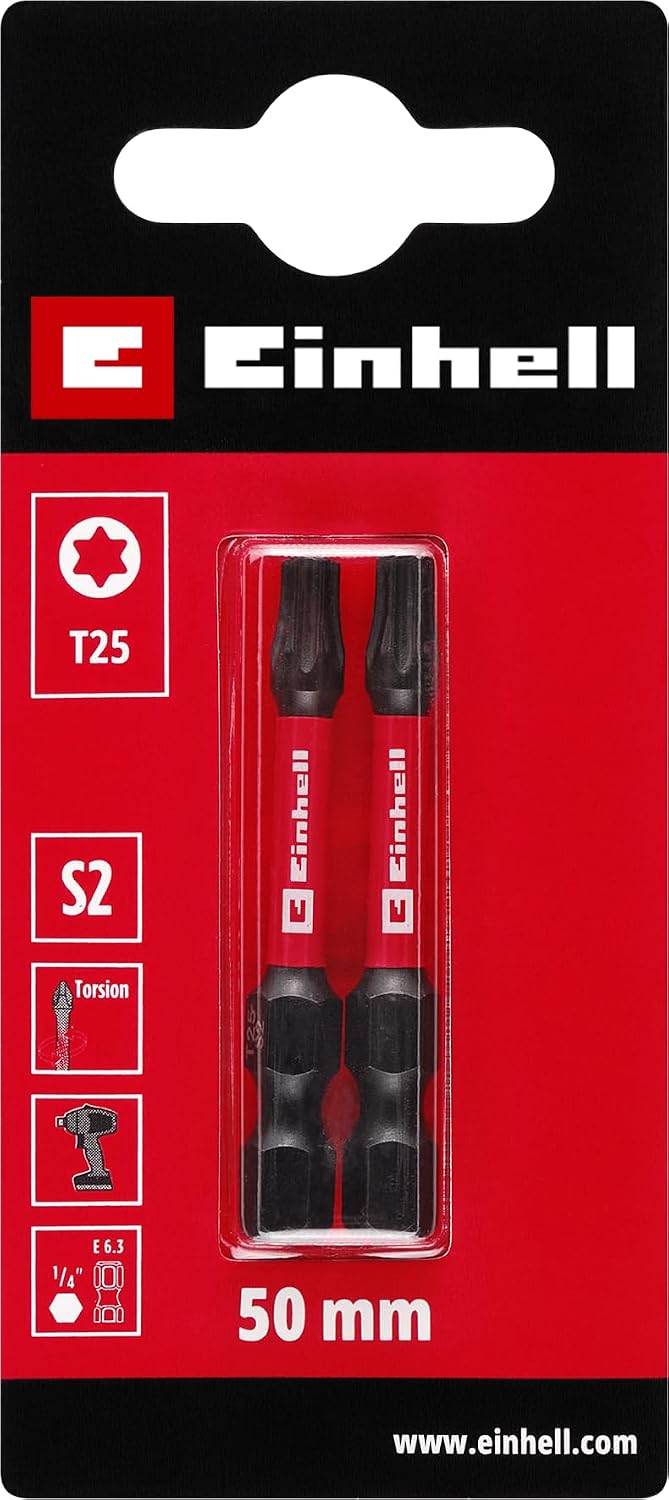 Original Einhell Impact Bits, 2 Pieces, 50 mm, T25 (S2 Steel, Torsion Zone, Efficient Power Transmission, Red Colour Ring, C 6.3 Shank)