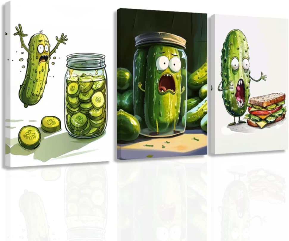 ZXHYWYM 3 Pieces Funny Kitchen Wall Art Picture Frame Whimsical Pickle Canvas Prints Food Posters Humorous Vegetable Fruit Painting Dining Room Decor (11"x14"x3)