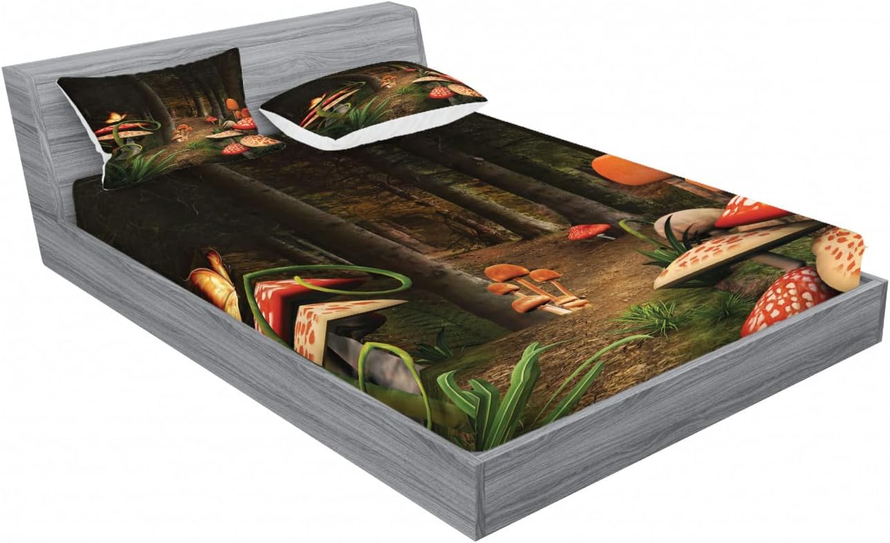 Ambesonne Mushroom Fitted Sheet & Pillow Sham Set, Mushrooms in Deep Dark Forest Fantasy Nature Theme Earth Path, Decorative Printed 6 Piece Bedding Decor Set, Queen, Pomegranate Green