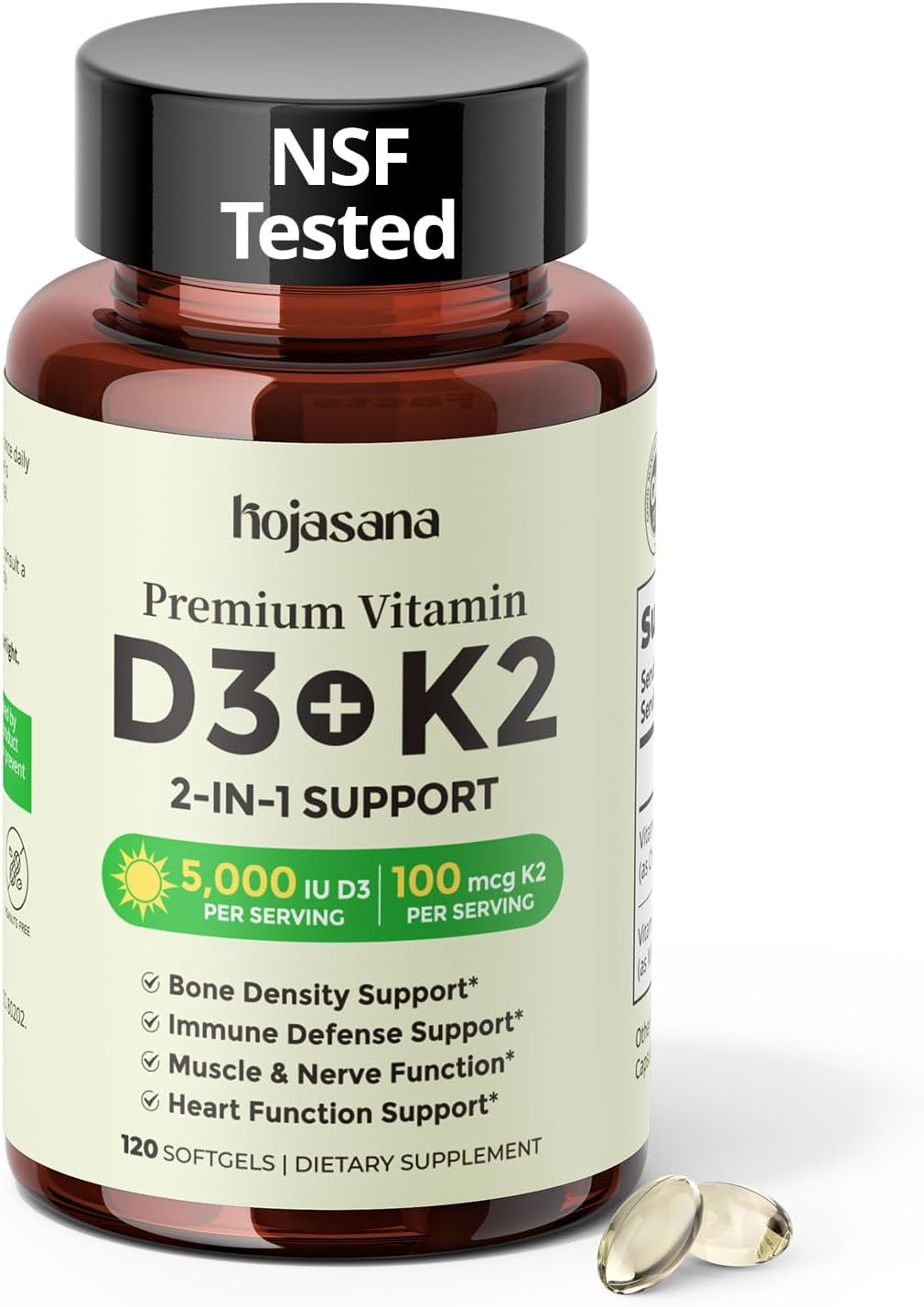 Vitamin D3 K2 5000IU 100mcg MK-7, 2-in-1 K2 D3 Vitamin Supplement for Better Bone, Immune Support, Better Calcium Absorption, with Sunfolwer Seed Oil, Easy to Swallow,120 Day Supply