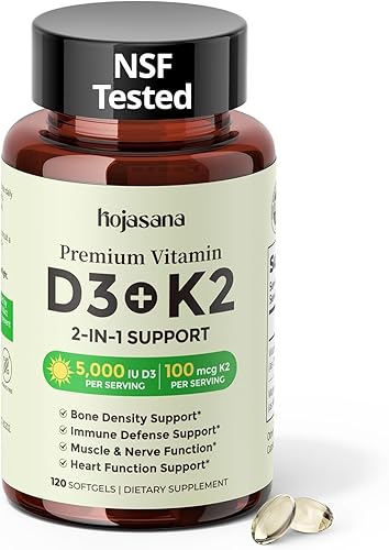 Vitamin D3 K2 5000IU 100mcg MK-7, 2-in-1 K2 D3 Vitamin Supplement for Better Bone, Immune Support, Better Calcium Absorption, with Sunfolwer Seed Oil, Easy to Swallow,120 Day Supply, D3 5000IU