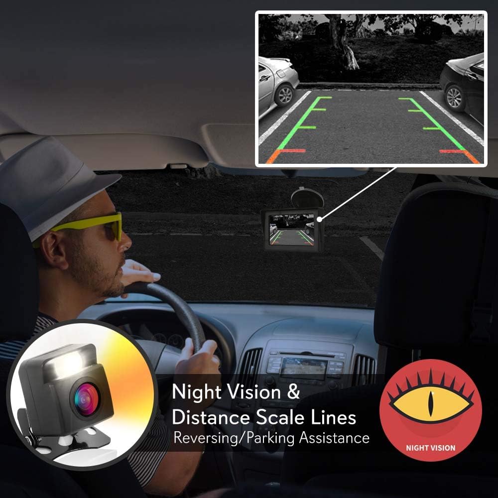 Pyle Wireless Backup Rear View Camera - Waterproof Car Parking Rearview Reverse Safety/Vehicle Monitor System w/ 4.3” Video Color LCD Display Screen, Distance Scale Lines, Night Vision PLCM4580WIR