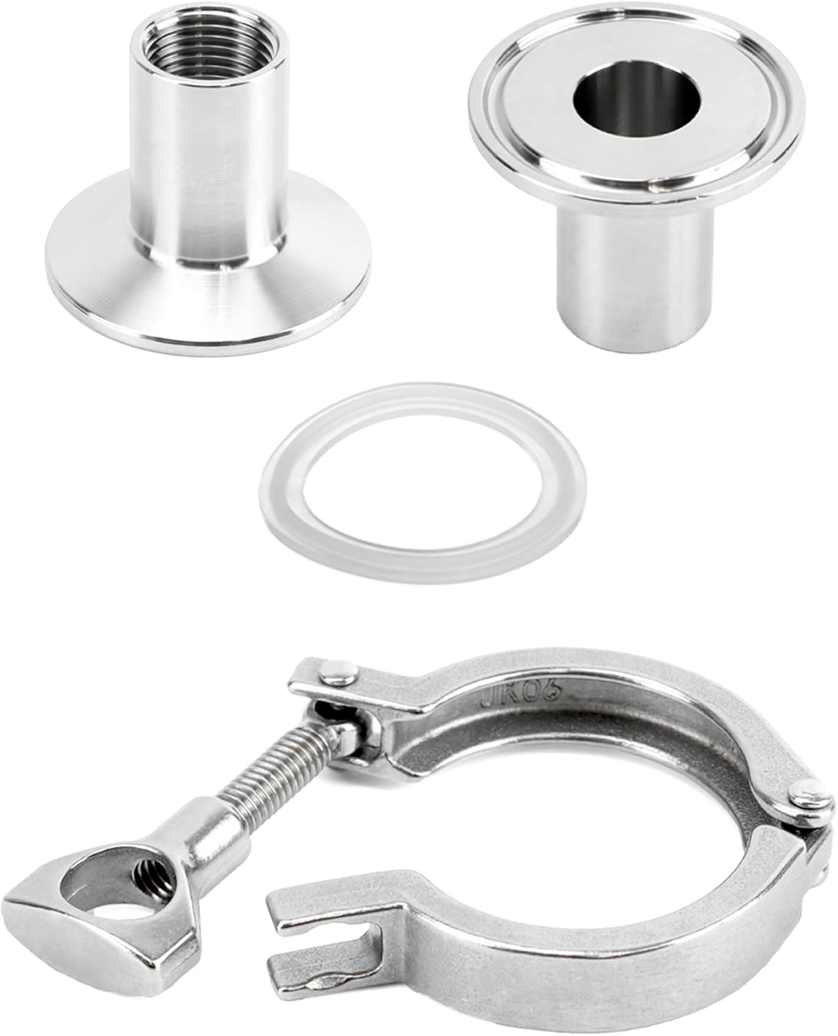 QWORK Sanitary Female Ferrule Fittings, 1.5" Clamp Fitting to 1/2" NPT Female Sanitary Pipe Fittings Set, Heavy Duty Clamp Fitting + Sanitary Fitting + Silicone Gasket (50.5mm OD Ferrule), 2 Sets