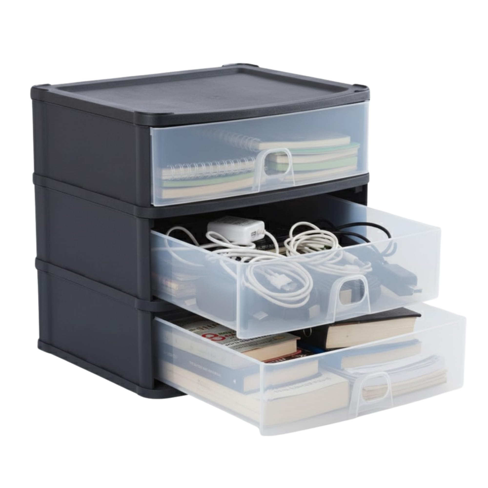 AOC24 Plastic A4 Drawer Unit – Medium 3 Deep Drawers, Slimline Desktop Storage Tower, Space-Saving Tabletop Organiser, Strong Plastic Storage for Office, Home & Study – Black/Clear