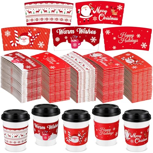 Remerry 250 Pack Winter Christmas Disposable Coffee Cup Paper Sleeves Xmas Santa Holiday Tea Hot Chocolate Cocoa Sleeves for 12oz 16oz Cups (Red) by Remerry - Used condition - US$8.44