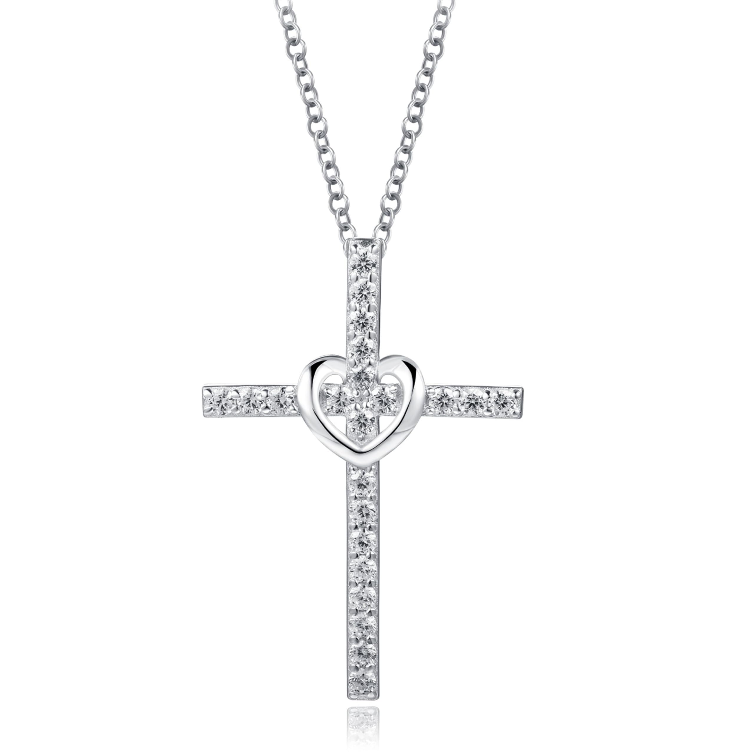 QUADRI 925 Sterling Silber Damen Kreuz Halskette - Rosenkranz oder großes Kreuz und Herz-Halskette 45 + 5 cm - Eleganter und einfacher Schmuck für Mutter Geschenk Mutter Freundin Schwester