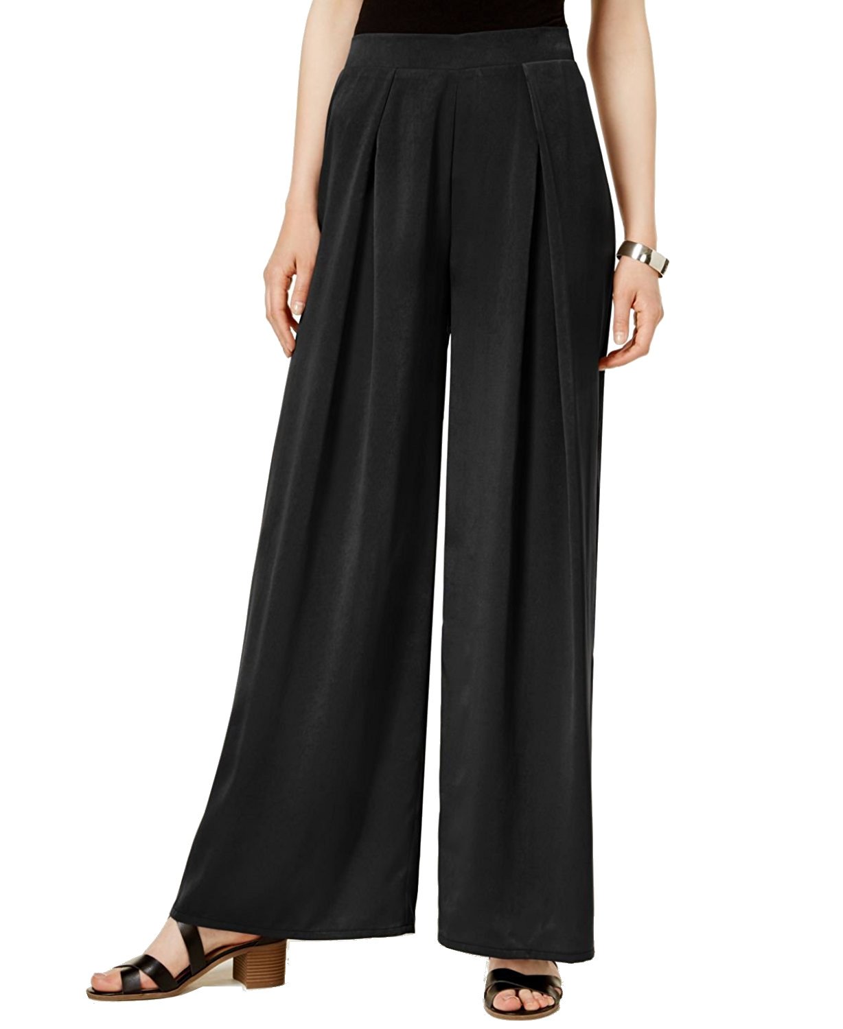 Bar III Womens Satin Pleated Wide Leg Pants Black XS