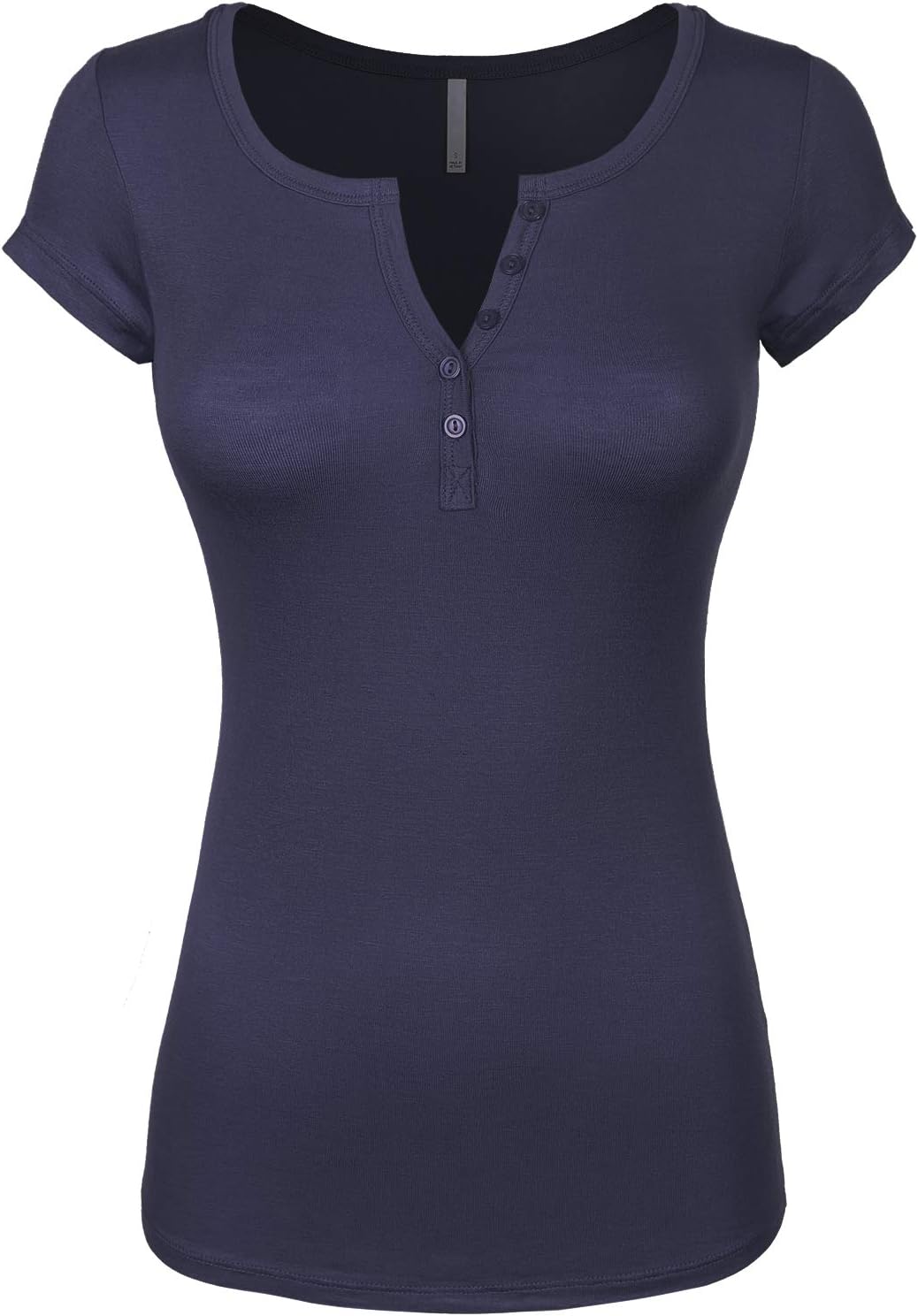 Design by Olivia Women's Basic Henley Short Sleeve Deep V-Neck Button Placket T-Shirt Navy Blue S
