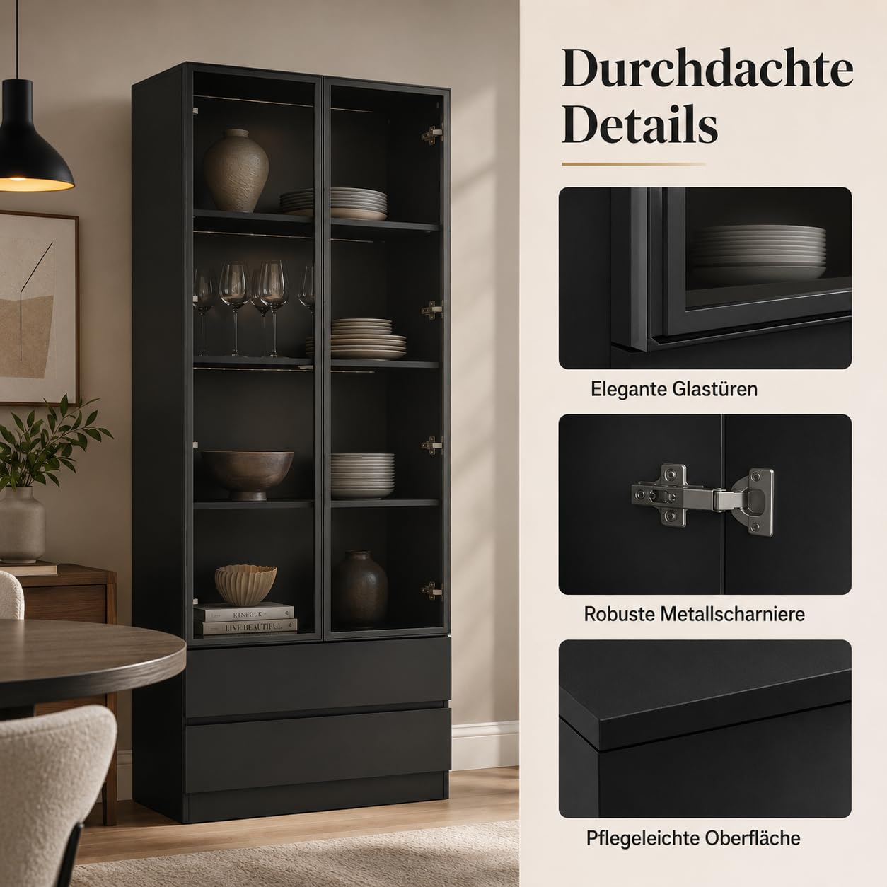 Vitrine, Vitrinenschrank,2 Türen 2 Schubladen Schwarzglas Vitrine für Wohnzimmer, Esszimmer, Büro, Küche, 80 * 36 * 200cm, MDF, Schwarz