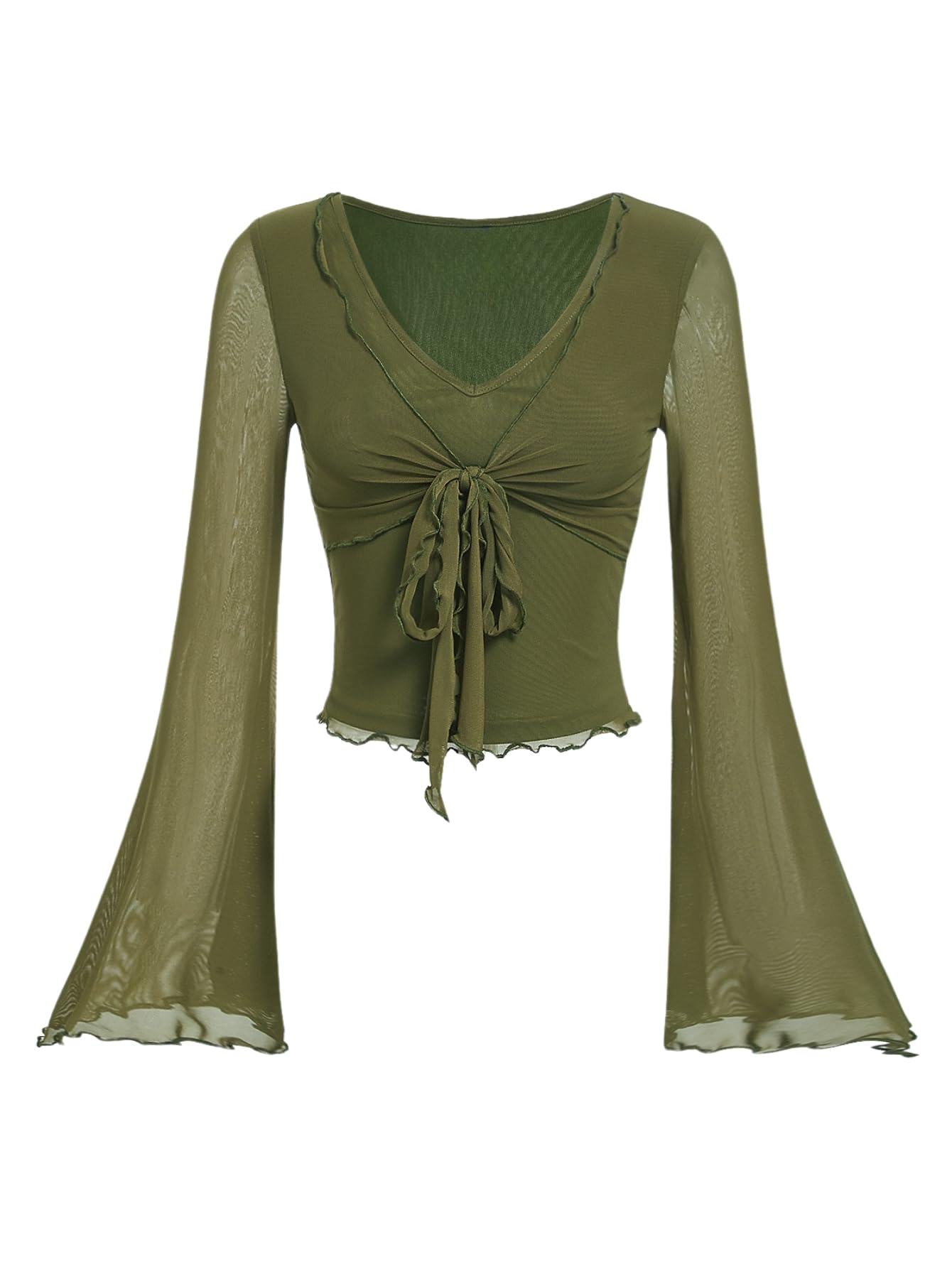Verdusa Women's Y2k Bell Sleeve V Neck Mesh Going Out Crop Top 2000s Whimsical Clothes: Small Army Green