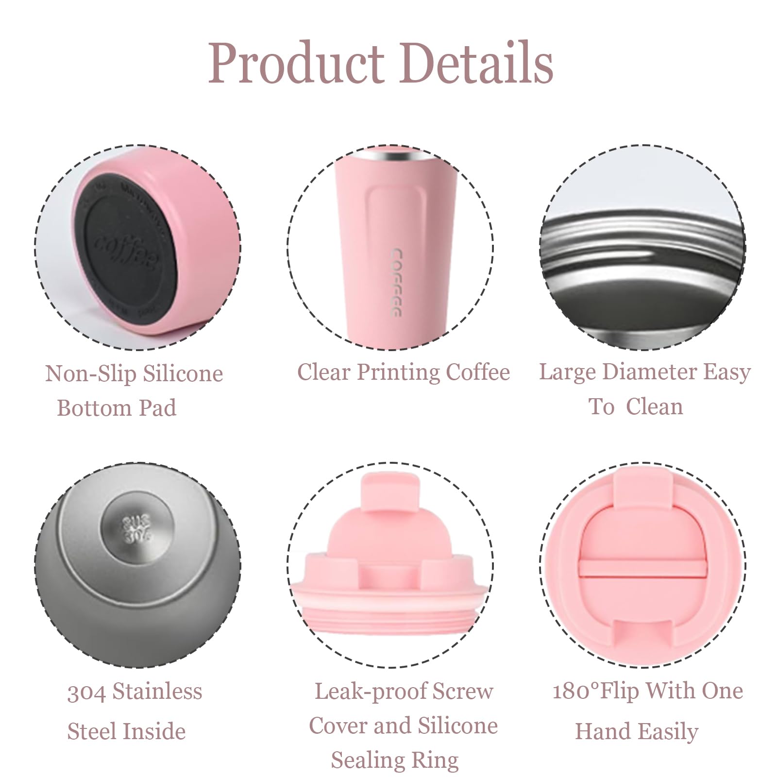Shunshi Insulated Coffee Cup with Leakproof Lid - Reusable Travel Mug, Keeps Drinks Hot or Cold (Pink/510ML) - Image 4