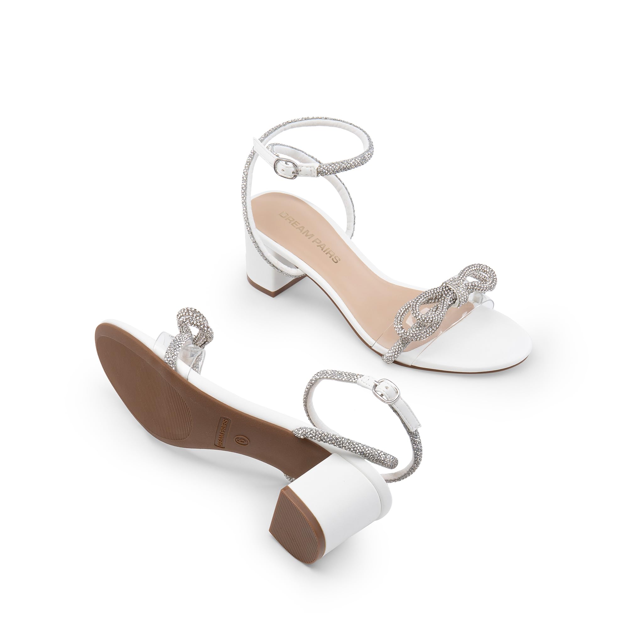 DREAM PAIRS Sandali da donna con doppio fiocco di cristallo, tacco basso e grosso, trasparenti, scarpe per abito da sposa