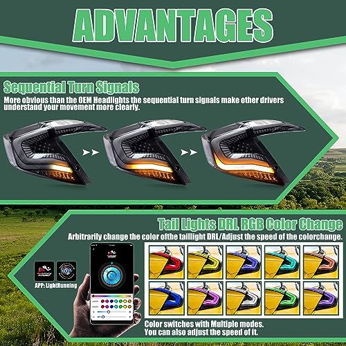 Image of letsdate LED Tail Lights for Honda Civic Sedan 2016-2021, RGB Taillights Assembly for Honda Civic 10th Gen with Sequential Turn Signal /Startup Animation (1 Pair, Sedan Only)