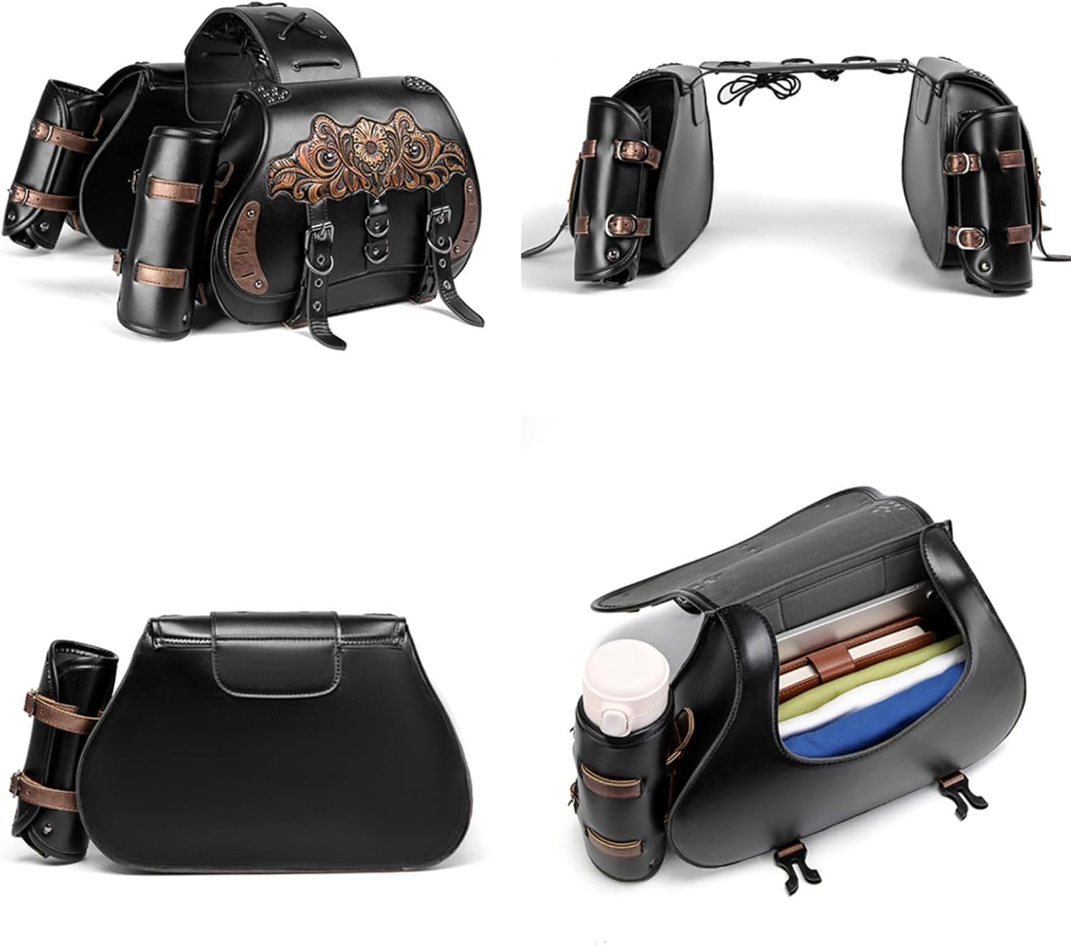 Micoklinlin Motorcycle Tool Bag PU Leather Tail Saddlebags Waterproof Side Saddle Bags with Cup Holder 1Pair Universal Powersports Saddlebags Punk Vintage Universal Motorcycle Luggage Case