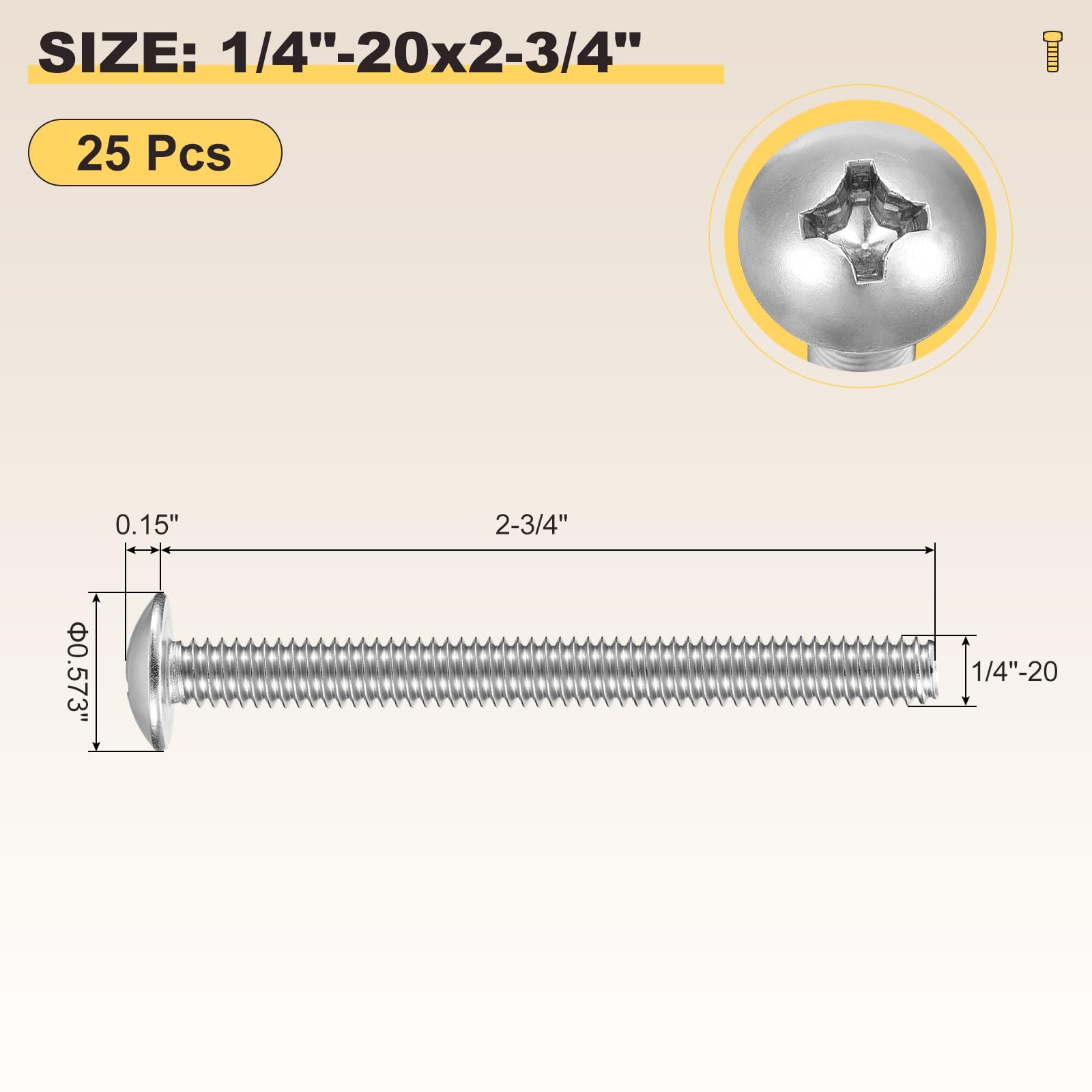 METALLIXITY Machine Screws Phillips Head(1/4"-20x2-3/4") 25Pcs, 304 Stainless Steel Round Head Phillips Drive Furniture Bolts - Image 2