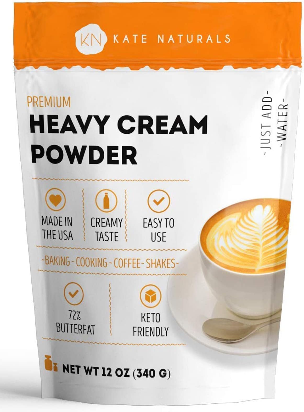 Kate Naturals Heavy Cream Powder for Coffee & Heavy Whipping Cream (12oz). Powdered Heavy Cream for Sour Cream Powder, Butter, Clotted Cream, and Whipped Cream. Instant Creamer for Coffee & Keto.