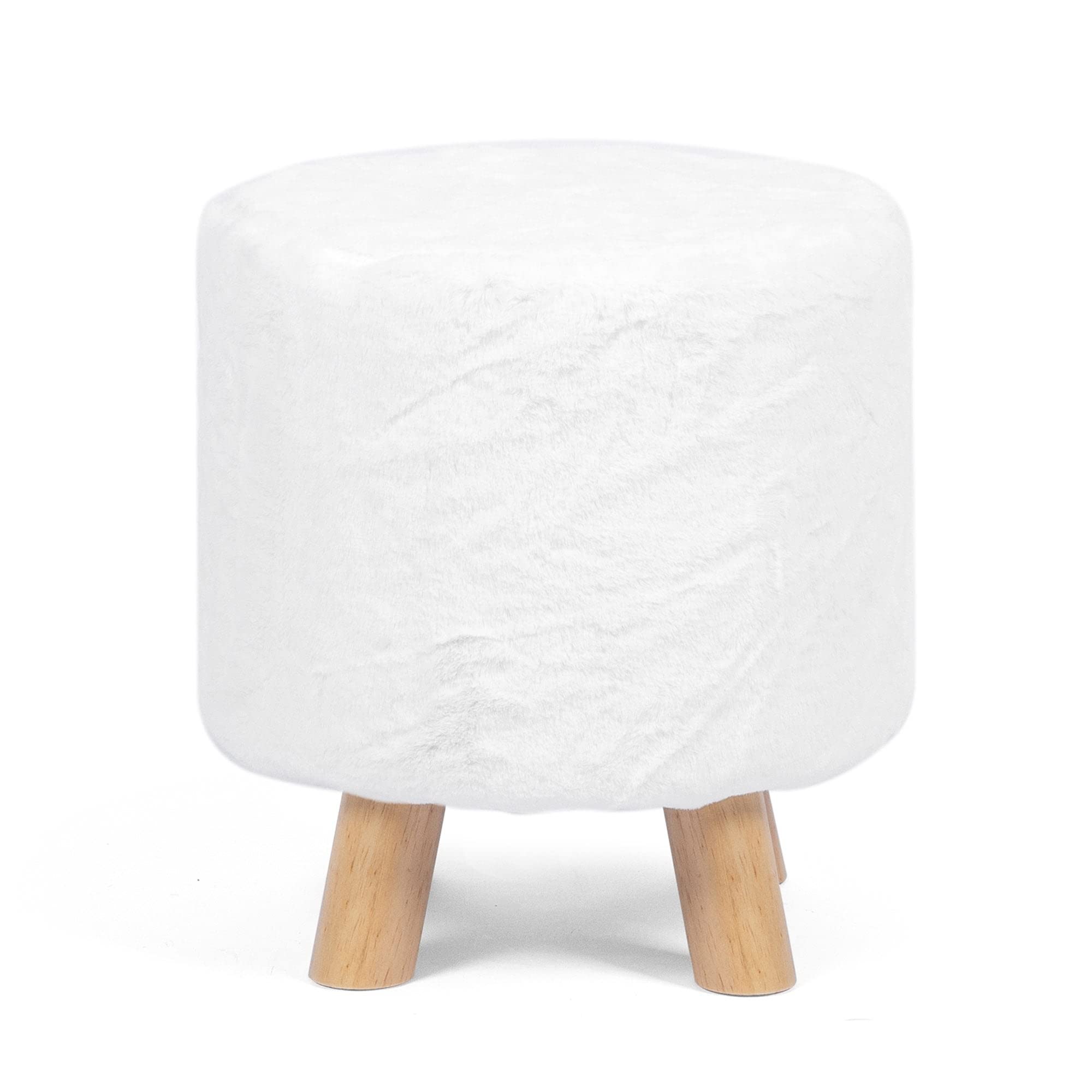 Adeco Round Ottoman Footrest Faux Fur Stool Upholstered Padded Pouf White