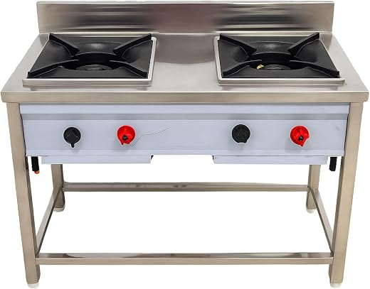 Gurubhai Equipments Commercial Stainless Steel Double Burner Gas Stove | Heavy-Duty Cooking Range with Backsplash &amp; Contro...