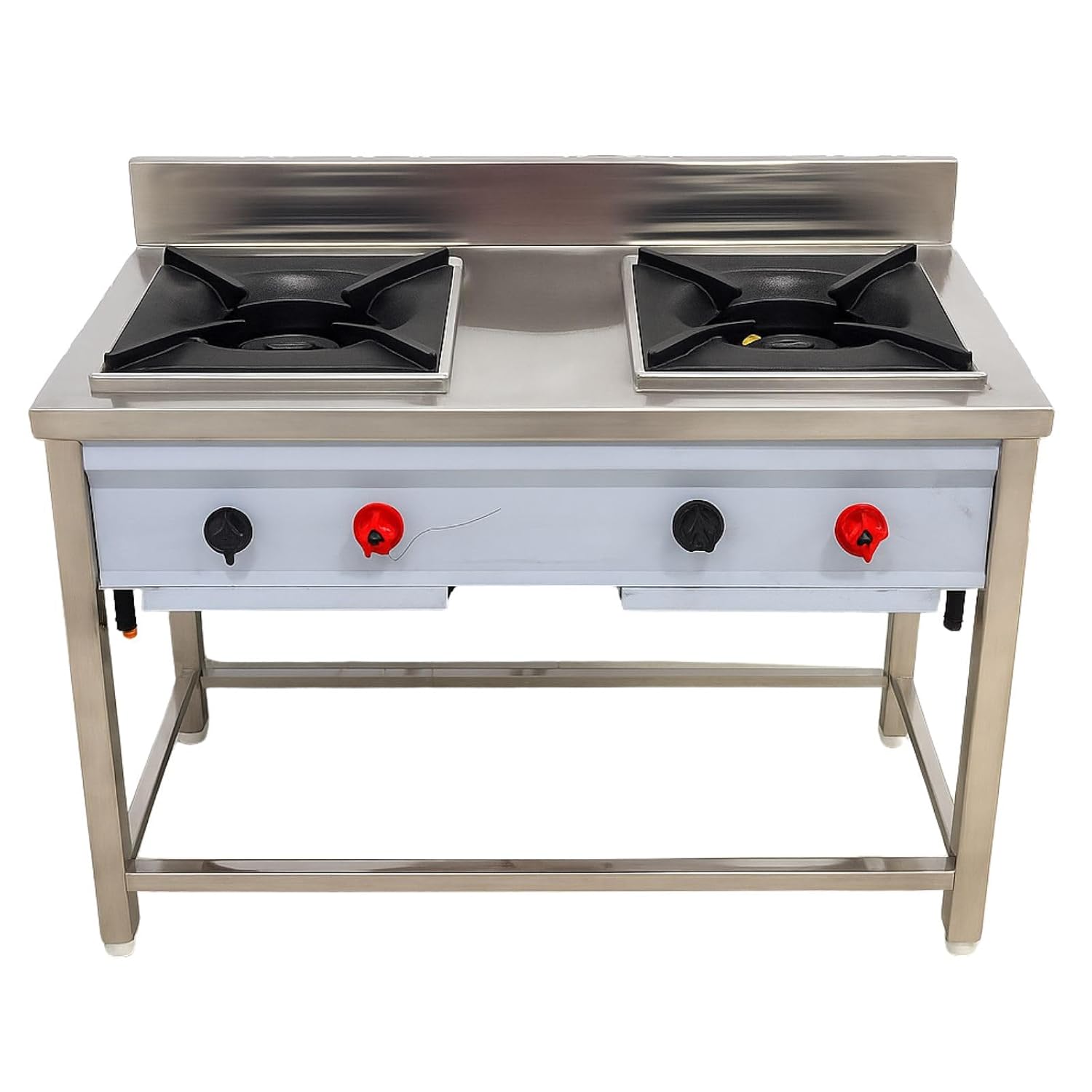 Gurubhai Equipments Commercial Stainless Steel Double Burner Gas Stove | Heavy-Duty Cooking Range with Backsplash & Contro...