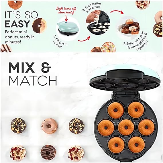 Donut Maker, Electric Non-Stick Surface Makes 7 Small Doughnuts Mini Donut Maker Machine, Mini Doughnut Maker Pancake Maker for Breakfast, Snacks, Desserts & More, Azure