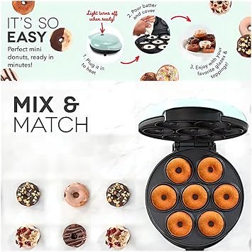 Donut Maker, Electric Non-Stick Surface Makes 7 Small Doughnuts Mini Donut Maker Machine, Mini Doughnut Maker Pancake Maker for Breakfast, Snacks, Desserts & More, Azure