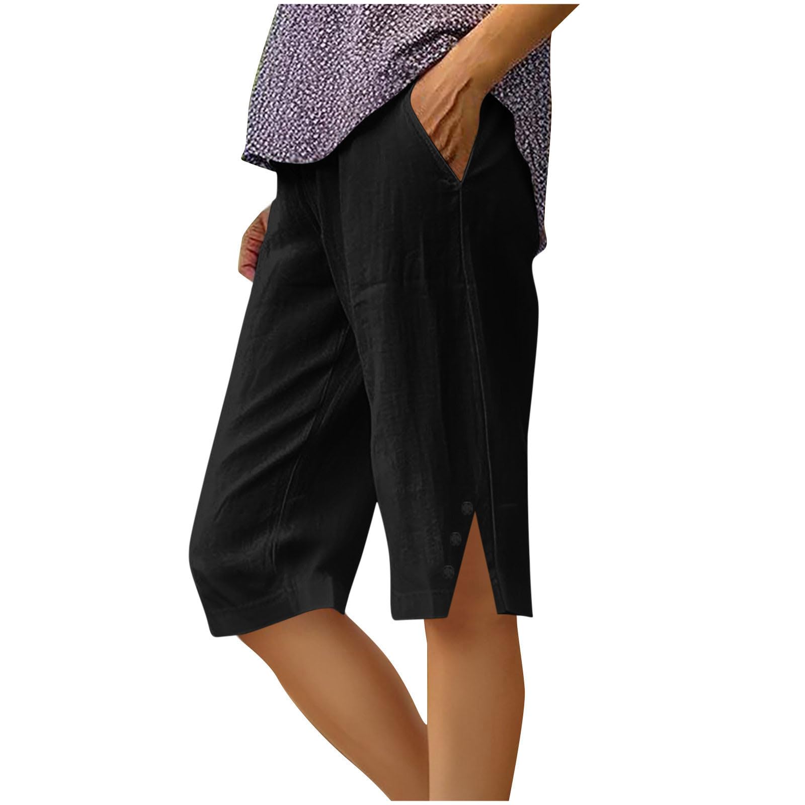 Linen Short Pants for Women Pants with Pockets Capri Casual Summer Drawstring Elastic High Waist Straight Cropped Trouser