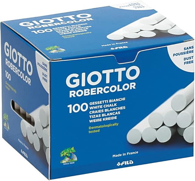 GIOTTO Robercolor White Chalk, 100 x Round Chalk Pack, Dustless & Super Washable, Ideal for Children, Parties and Schools