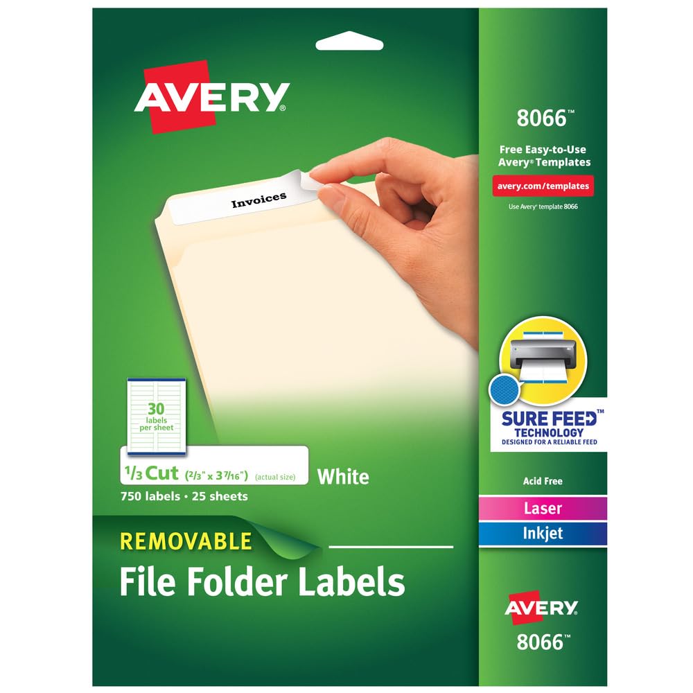 Avery File Folder Labels with Sure Feed, 2/3" x 3-7/16", 750 Printable Labels, Removable, White (8066)