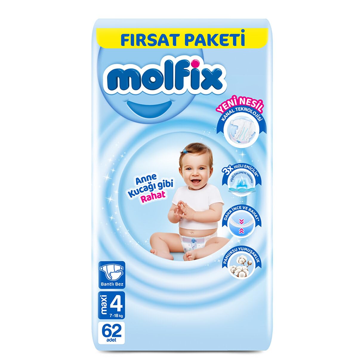 Molfix 3D Bebek Bezi Maxi 4 Beden, Fırsat Paketi 62 Adet