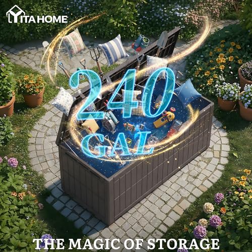 YITAHOME XXL 240 Gallon Extra Large Deck Box, Waterproof Resin Outdoor Storage Box with Lock and 3-Person Bench Seating for Patio Furniture Cushions,Garden Tools & Pool Accessories, Dark Brown - Thumbnail 2