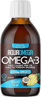 AquaOmega High EPA Omega-3 Liquid with DHA and Vitamin D - Wild Caught Omega 3 Fish Oil -4380mg Omega 3 Supplements - Supports Brain Function, Heart Health and Immune Function - 225ml Tropical