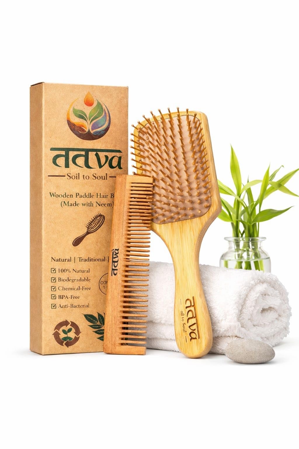 Tatva Neem Wood Comb and Wooden Hair Brush Set, Natural Hair Care Duo with Wooden Bristles, Paddle Brush and Wide Tooth Comb-image-12