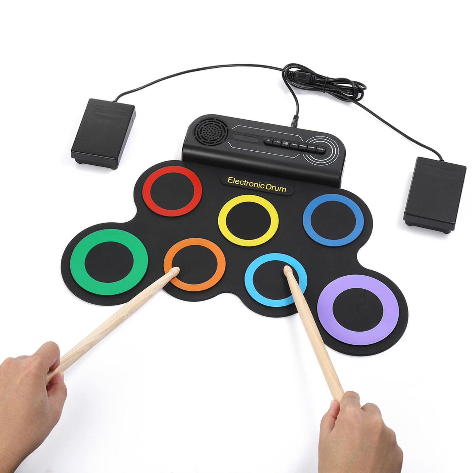 Jeffergarden Handrollendes Elektronisches Schlagzeug-Set für Kinder, Color Circle, 7 Pads mit Integriertem Lautsprecher, Tragbares Wiederaufladbares Schlagzeug-Set