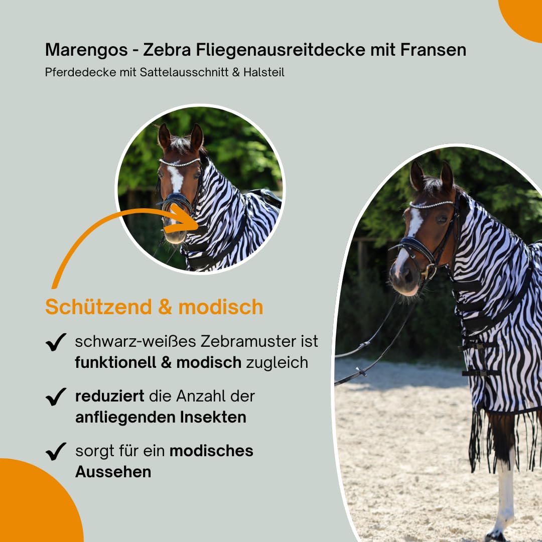 Marengos Zebra Fliegenausreitdecke mit Fransen Pferdedecke Sattelausschnitt Halsteil Insektenschutz feinmaschig Fliegendecke Outdoor Schwarz/Weiß 155 cm