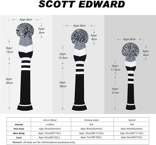 Miniatura 3 de Scott Edward Juego de 4 fundas de punto para cabezas de golf, hechas a mano, bien para conductores y calles, con cuello largo, pompones, para palos