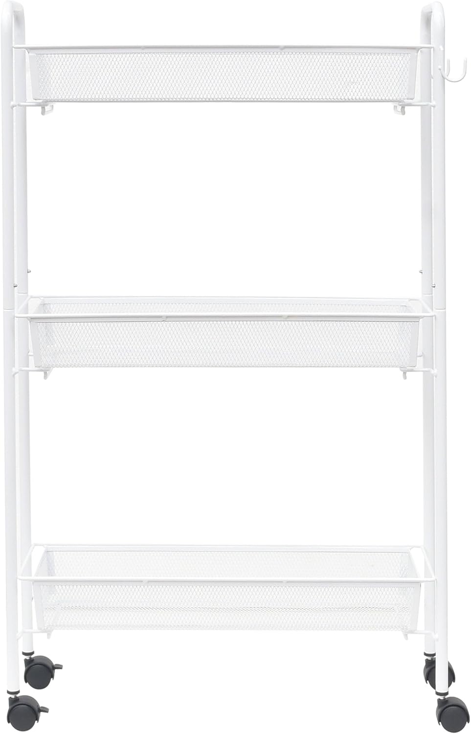 Slim Three-Layer Bathroom Storage car with Hook White Rolling Storage Rack with 2 Hooks and 4 Universal Wheels (2 Lockable) Metal Basket is Suitable for Bathroom, Laundry Room and Narrow Space.