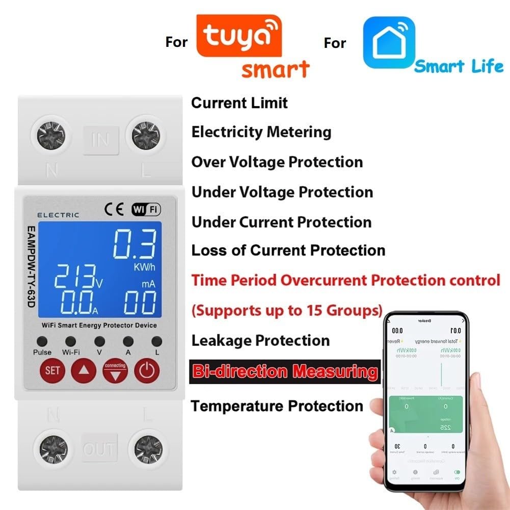 2 interruttori automatici Smart WiFi di Palo 63A con protezione da perdite sopra sotto tensione e monitoraggio energetico in tempo reale fino a 99999,9 kWh