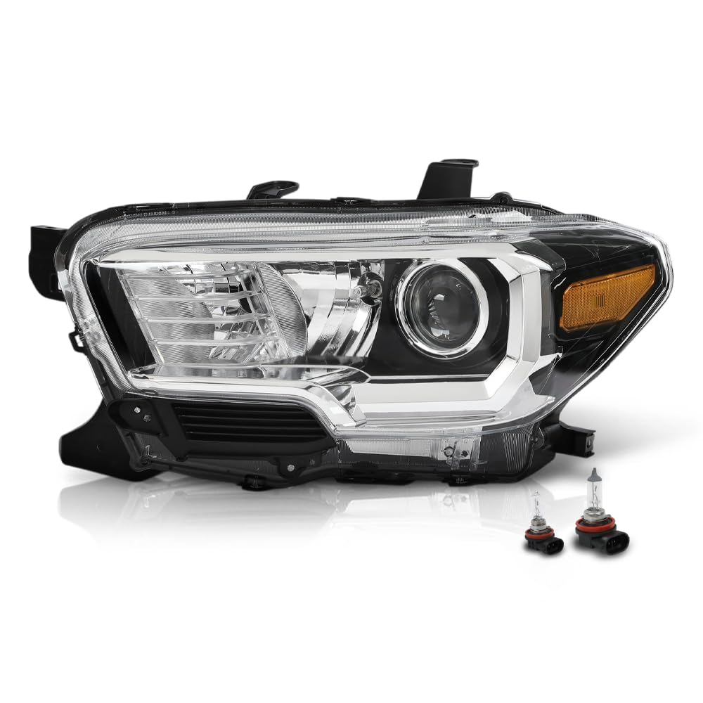 GRAND ORANGE Headlight Assembly Left Side Compatible with Toyota Tacoma 2016–2017, Fit Halogen Headlamp W/O LED DRL Clear Lens Black Housing
