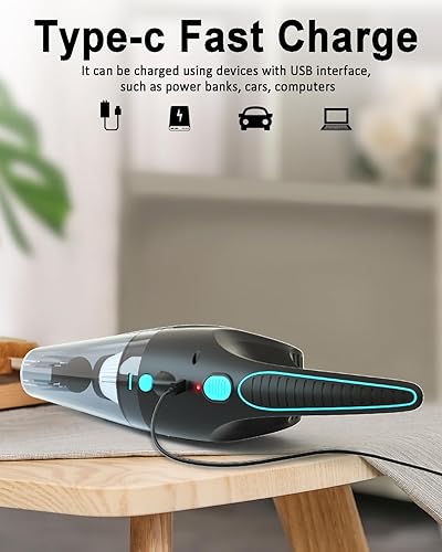 Miniatura 5 de Aspiradora de mano inalámbrica, 21000 Pa fuerte succión con luz LED, aspiradora portátil de 1.85 libras para automóvil, oficina, pelo de mascotas