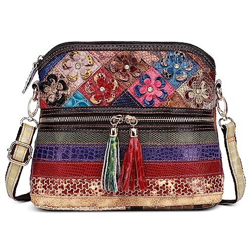 DIRRONA Bolso Bandolera Mujer de Piel con Patchwork Artesanal Colorido – Bolso Cruzado Mujer Vintage y Original, Ideal para Uso Diario, Trabajo, Compras y Viajes Rayas Multicolor