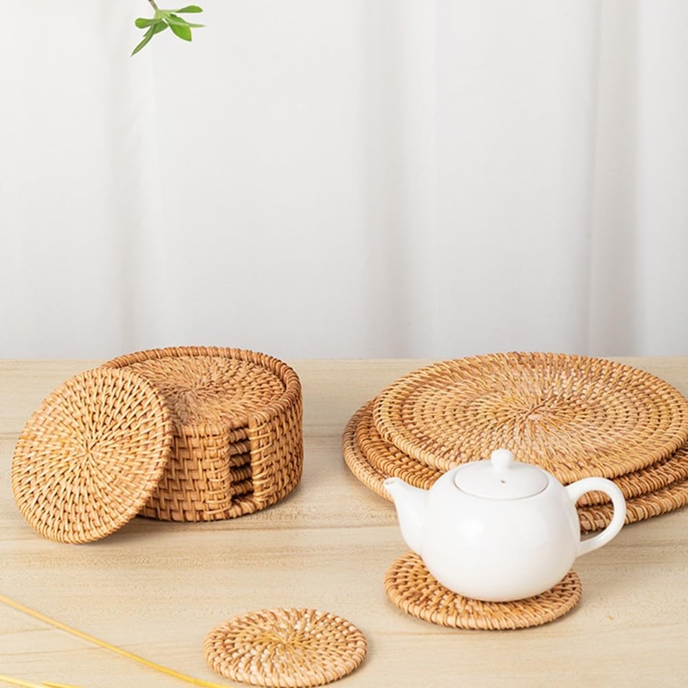 Lot De 6 Sous-Verres Rotin Tissé Main – Naturel, Antidérapant, Résistant Chaleur – Style Boho Éco-Responsable