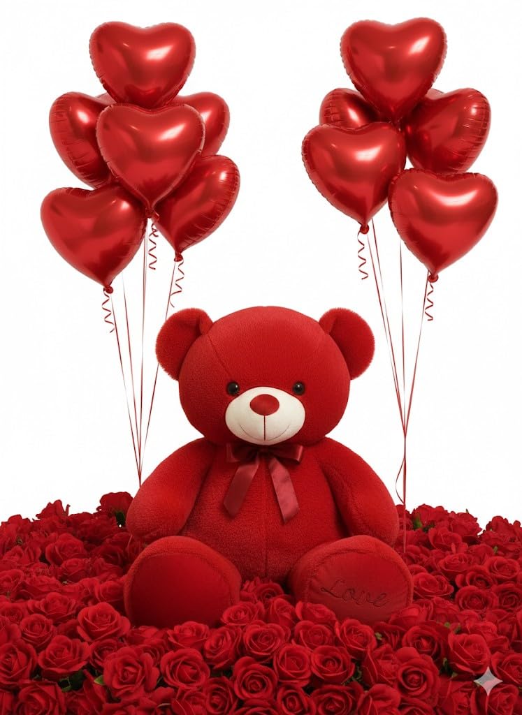Giant Red Teddy Bear with Ribbon Bow, Soft Plush Stuffed Animal, 90cm or 50cm, Hug Me Embroidered with heart badge from fairy land collection 2026 (90) โ image 1