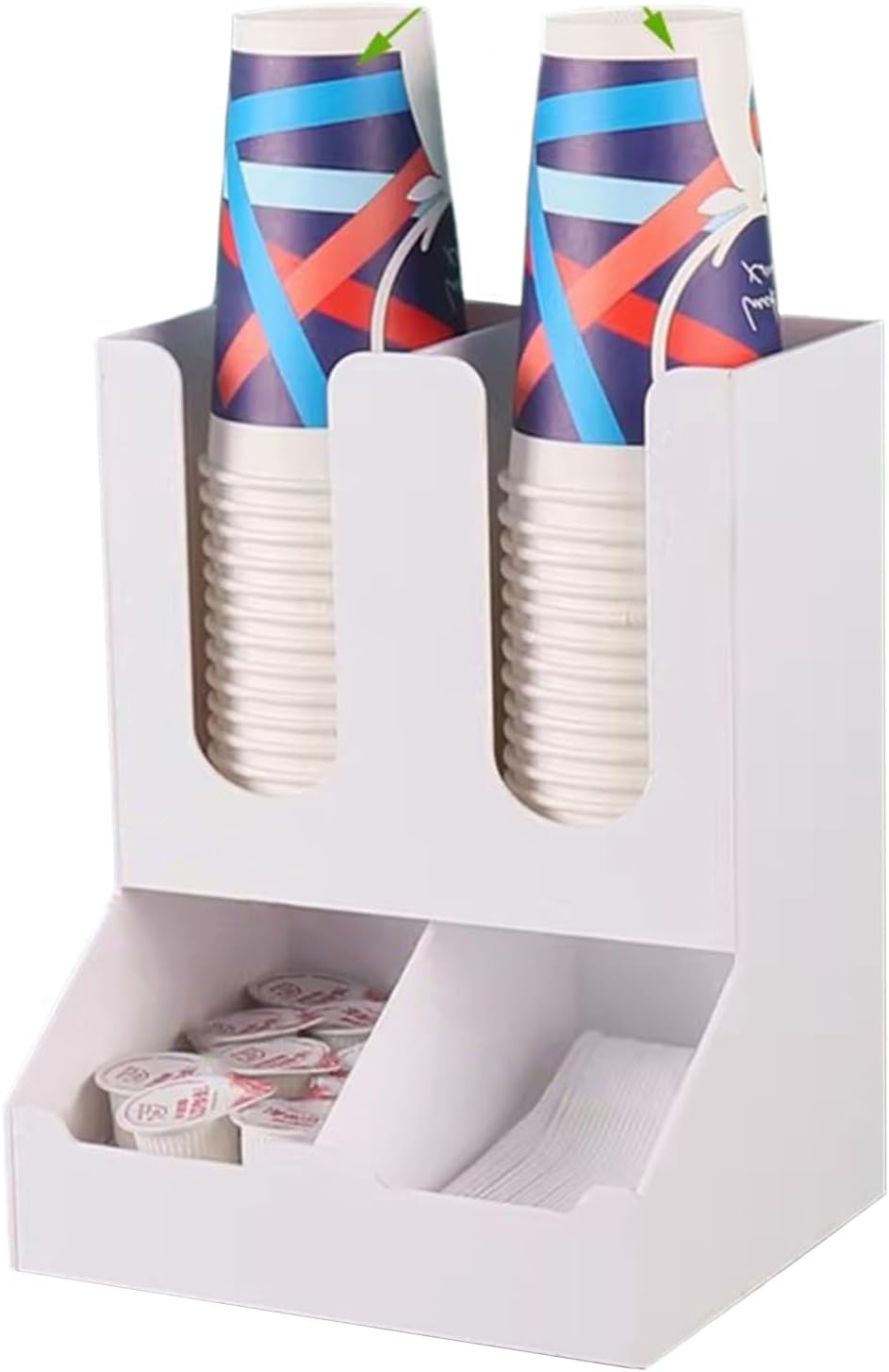 Cup Dispenser and Lid Holder, Coffee Station Organizer, Condiment Service Tray for Counter, Bar Supplies Organizer for Home Office Breakroom,White 01